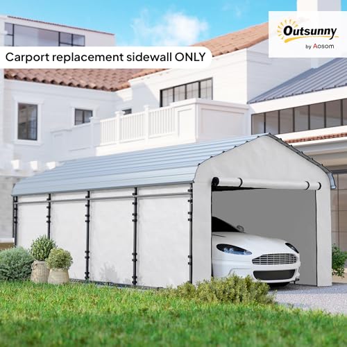 Outsunny Carport Replacement Sidewall Panels Set of 4 for 10' x 15' Carports, UPF50+ Waterproof PE Tarp Replacement Side Wall Cover with Zipper Door, Top Cover and Frame Not Included, White Outsunny