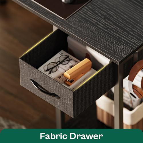 Huuger L Shaped Gaming Desk with LED Lights, Power Outlets & Storage Shelves, Black Huuger