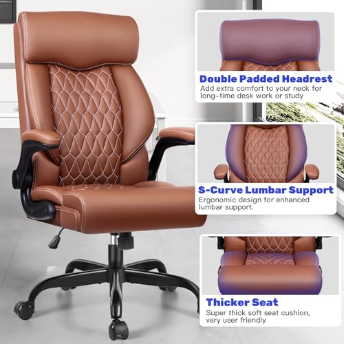 High Back Executive Office Chair - Ergonomic Computer Desk with Rocking Function, Leather Managerial with Adjustable Flip-Up Armrests and Lumbar Support BestGlory