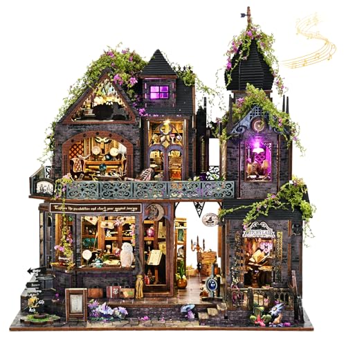 DIY Miniature House Kit, Dollhouse Magic City Gothic Witch House for Adults to Build, Birthday/Christmas Day Gift for Family and Friends, Prefab Tiny Home with LED Lights,Magic Castle