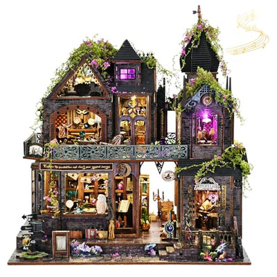 DIY Miniature House Kit, Dollhouse Magic City Gothic Witch House for Adults to Build, Birthday/Christmas Day Gift for Family and Friends, Prefab Tiny Home with LED Lights,Magic Castle