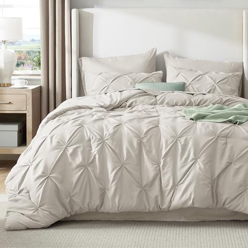 Bedsure King Comforter Set Linen - Bed in a Bag Bedding Set 7 Pieces, GentleSoft™ Pintuck Bed Set Gift for Family, Pinch Pleat All Season Comforter with Sheets, Pillowcases & Shams Bedsure