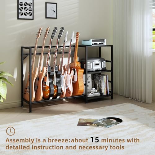 ZHNSYDN Record Player Stand with Guitar Stand, Record Player Table with Guitar Rack, Guitar Holder 7 Space for Multiple Guitars, Bass, Acoustic, Guitar Display for Home Music Studio, Black ZHNSYDN