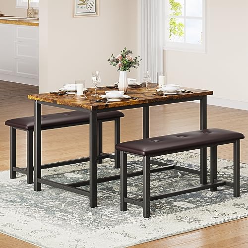IDEALHOUSE Dining Table Set for 4, Kitchen Table with Upholstered Bench, Rectangular Dining Room Table Set with 2 Benches, 3 Piece Kitchen Table Set for Small Space, Apartment, Studio, Rustic Brown IDEALHOUSE