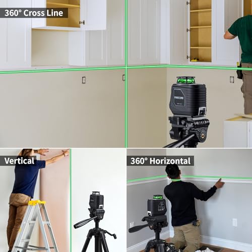 Firecore 360° Laser Level with Tripod, 100Ft Self Leveling Laser Level Green Cross Line Laser Leveler Tool for Picture Hanging Wall Tile Floor Construction, 60" Compact Tripod & Carry Pouch Included Firecore