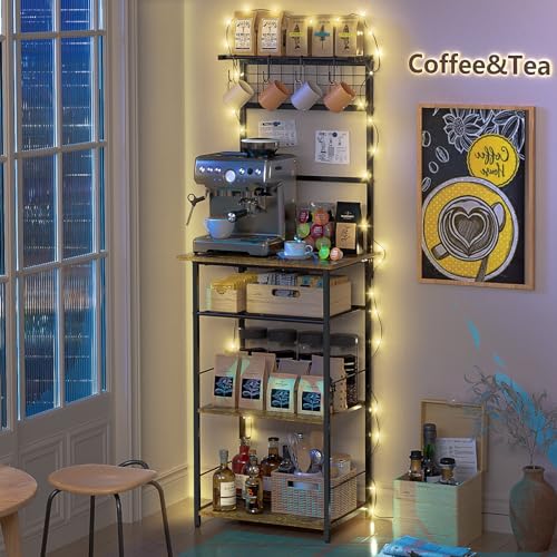 5-Tier Black Coffee Bar Station with S-Shaped Hooks - Farmhouse Corner Cabinet for Small Spaces DAOUTIME