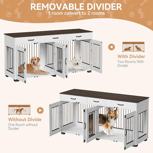71'' Dog Crate Furniture, Wooden Indoor Dog Kennel for 2 Dogs with 3 Drawers and Removable Room Divider, XXL Double Dog Crate TV Stand End Table with Double Doors for Large Medium Dogs, White GAOMON