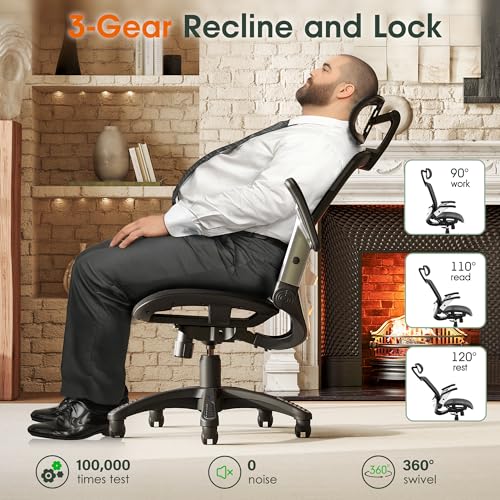GABRYLLY Ergonomic Office Chair, High Back Home Desk Chair with Headrest, Flip-Up Arms, 90-120° Tilt Lock and Wide Cushion, Big and Tall Mesh Chairs for Man Woman, Black Task Chair GABRYLLY