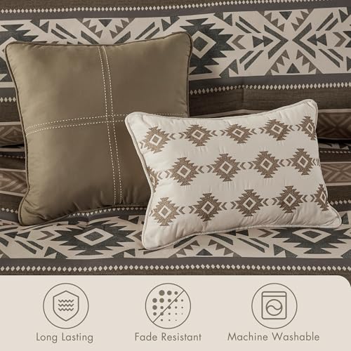 Madison Park Queen Comforter Set, Stripes Herringbone Southwestern Boho Comforters Queen Size, All Season Lightweight & Fluffy Microfiber Bed Set, 2 Décor Pillows, Mariposa, Full/Queen Brown 5 Piece Madison Park