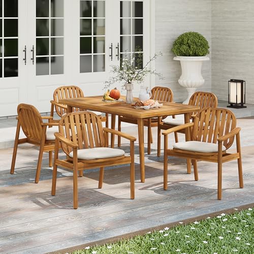 Christopher Knight Home Meja Acacia Wood Outdoor Dining Set for 6, Wooden 7 Piece Patio Dining Table Set, Wooden Outdoor Dining Armchair and Table Set with Cushion, Patio Furniture Set, Teak+Beige Christopher Knight Home