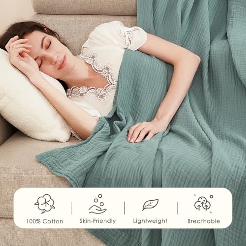 EMME Muslin Throw Blanket 100% Cotton Blankets for Couch Breathable Gauze All Season Soft and Lightweight Pre-Washed (Teal, 50"x70") EMME