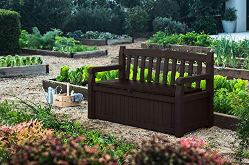 Keter Solana 70 Gallon Storage Bench Deck Box for Patio Furniture, Front Porch Decor and Outdoor Seating – Perfect to Store Garden Tools and Pool Toys, Brown/Brown Keter