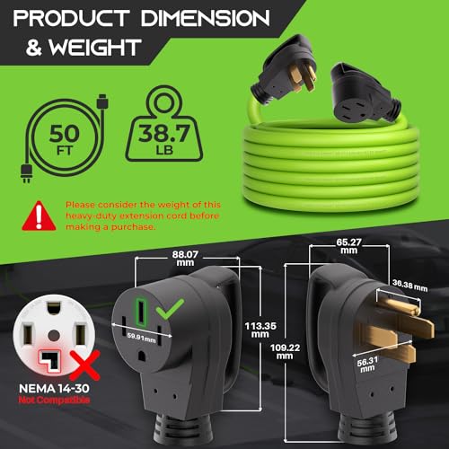 GearIT 50-Amp Extension Cord for RV and EV (50 Feet) 4-Prong 250-Volt, Tesla Model 3/S/X/Y, NEMA 14-50P to 14-50R 6/3, 8/1 STW AWG Gauge Outdoor Auto Power Cord GearIT
