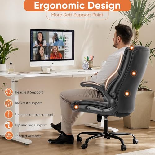 Sweetcrispy Computer Gaming Chair, Ergonomic High Back Heavy Duty Task Desk Office Chairs with Wheels, Flip-up Arms, Adjustable Height, PU Leather,Inky Sweetcrispy