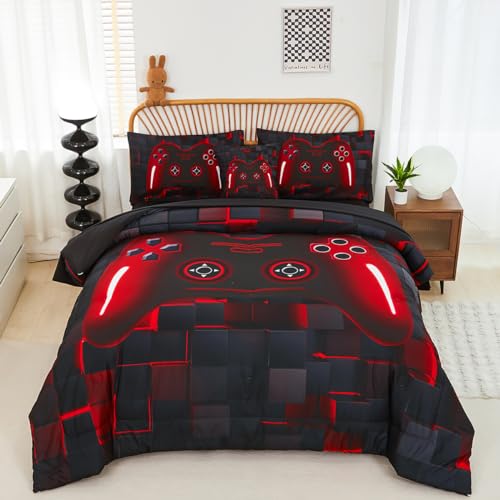 PERFEMET 6-Piece Boys Comforter Set Full Size Game Console Bedding Set for Kids Teen 3D Black and Red Gamepad Gaming Bed in a Bag Matching Sheet Set(Red, Full) PERFEMET