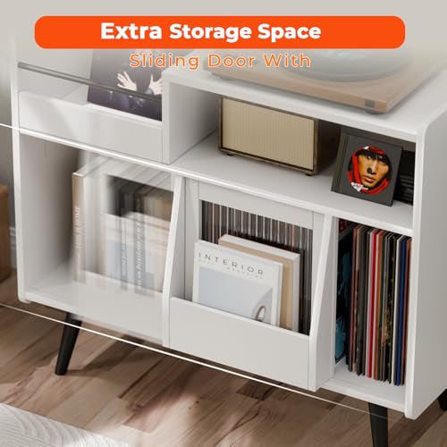 Loomie Large White Record Player Stand with Sliding Door,350 Vinyl Record Storage Cabinet, Record Player Table with Power Outlet and LED Light,Turntable Stand with Wood Legs for Living Room Loomie