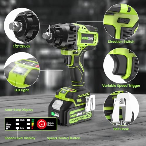 Robustrue 1000N.m(740ft-lbs) Cordless Impact Wrench, High Torque Brushless 1/2 Impact Gun, 21V 2 x4.0Ah Battery, Fast Charger, 4 Sockets, Pistola De Impacto for Home Car Tires Truck Mover Robustrue