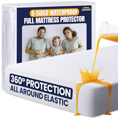 Utopia Bedding Waterproof 5-Sided Mattress Protector Full Size, Premium Breathable Mattress Cover, Fitted Style with Stretchable Pockets (White) Utopia Bedding