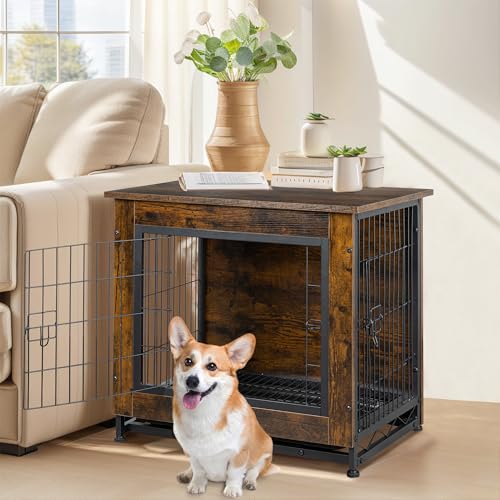 Shintenchi Dog Crate Furniture, Double-Doors Kennel Indoor with Removable Tray, End Table Dog House for Small Breed, 27.2" L, Brown Shintenchi