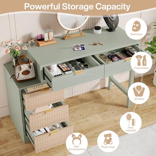 Tribesigns Makeup Vanity Desk with 5 Drawers, Modern Small Dressing Desk with Storage, Wood Make Up Table for Bedroom, Narrow Space (Without Mirror), Mint Green Tribesigns