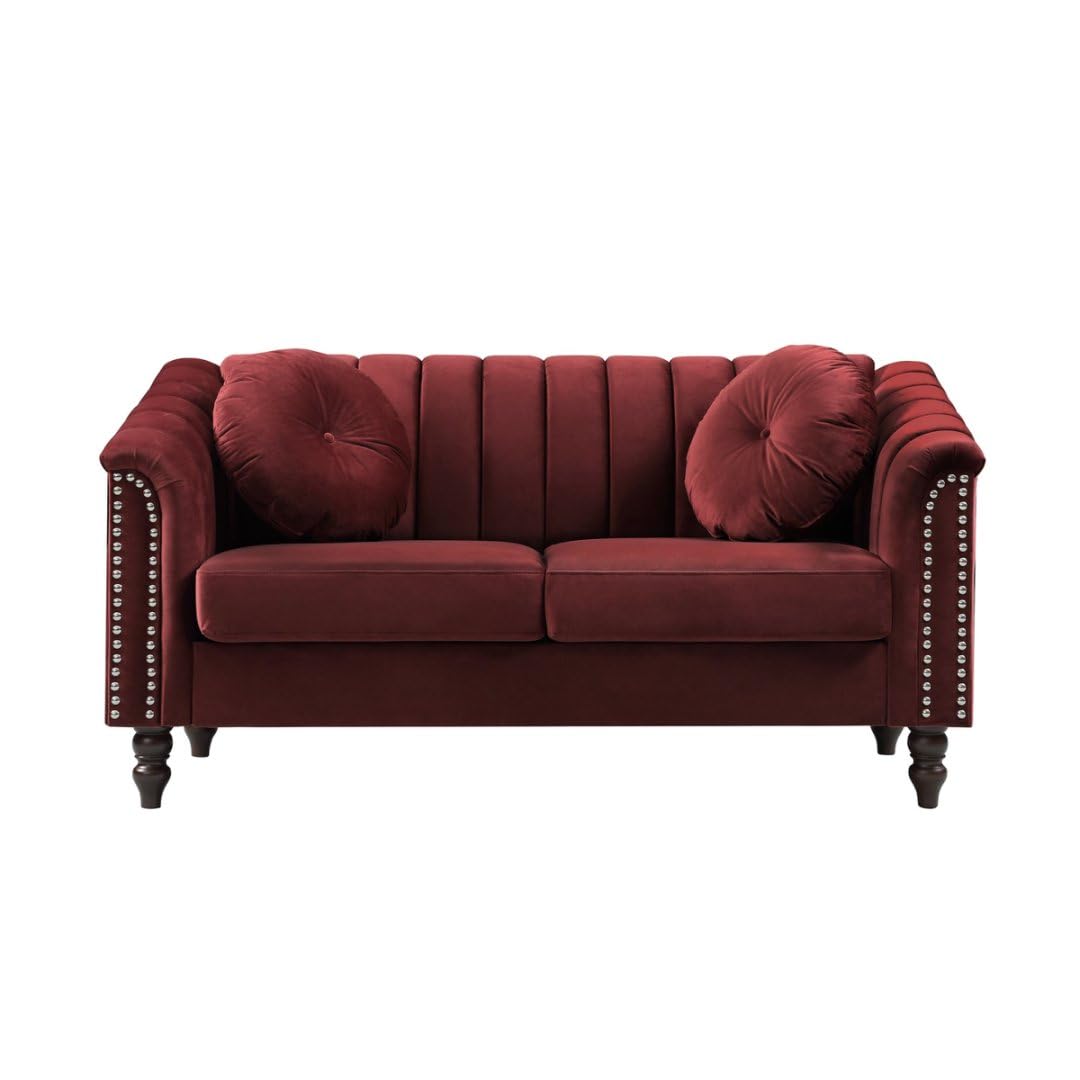 UOCFYK 60" Loveseat Sofa, Microfiber Chesterfield Upholstered Sofas Love Seat, Couch Chair Sets with Style Button Tufted, Scroll Arms and Nailhead for Living Room, Office, Apartment-Red UOCFYK
