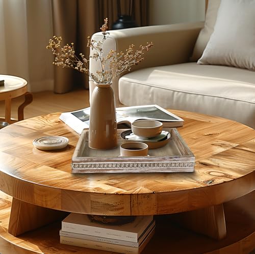 MAONAME Wood Decorative Tray, Farmhouse Wooden Tray for Coffee Table, Rustic Square Tray with Beads, Washed White Serving Tray for Living Room, Kitchen, 12" X 12" X 1.6" MAONAME