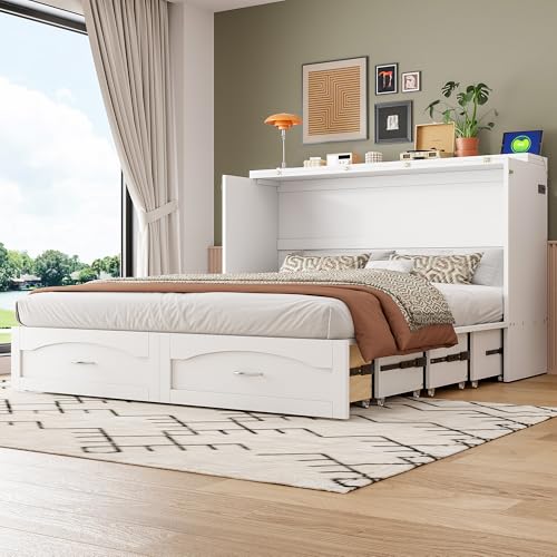 MERITLINE Queen Size Murphy Bed with Storage Drawer Wood Home Office Wall Bed Cabinet with Sockets & USB Ports, Space-Saving for Multipurpose Guest Room White MERITLINE