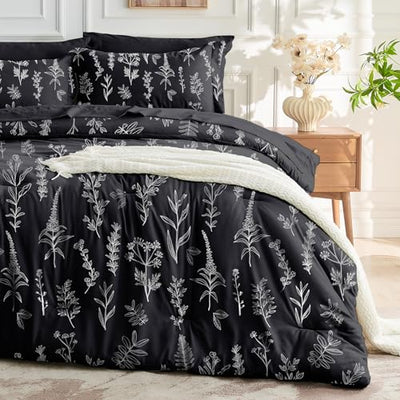 MUXHOMO Black Bed in a Bag Queen 7 Pieces, Queen Comforter Set Reversible Botanical Flowers Design, Ultra Soft & Breathable Bedding Sets with Comforter, Sheets, Pillowcases & Shams