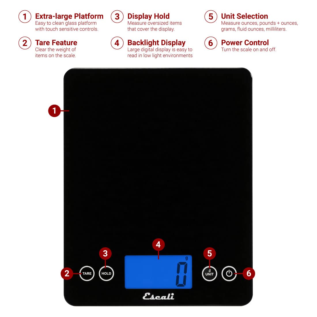 Escali 2210IB ArtiXL Extra-Large Glass Digital LCD Display Kitchen Scale, Measures Liquid and Dry Ingredients, Tare Function, 22lb Capacity, Black Escali