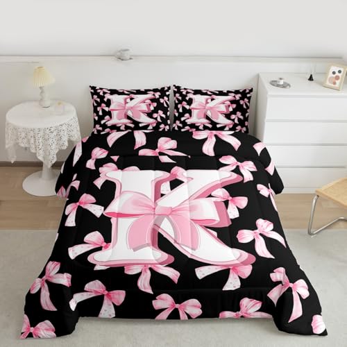 Feelyou Kids Girls Cute Pink Bow Comforter Set Twin Size Initial Letter K Bedding Set Coquette Bow Knot Duvet Quilt Bedroom Monogrammed Decor Personalized Teen Girl Women Gifts Ultra Soft Breathable Feelyou