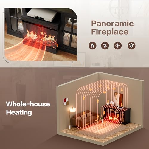 Flamaker Fireplace TV Stand for TVs up to 65'', 3-Sided Glass Media Entertainment Center Console with Storage, Adjustable Flame LED Color for Living Room (Black) Flamaker