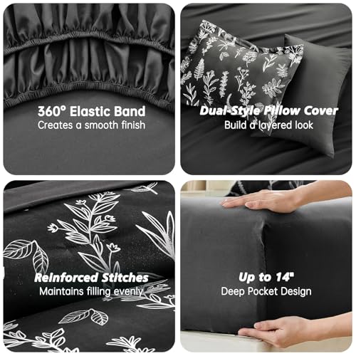 MUXHOMO Black King Comforter Set, Elegant Floral Print Bed in a Bag 7 Pieces, Ultra Soft & Breathable Reversible Botanical Pattern Bedding Set with Comforter, Sheets, Pillowcases, and Shams MUXHOMO
