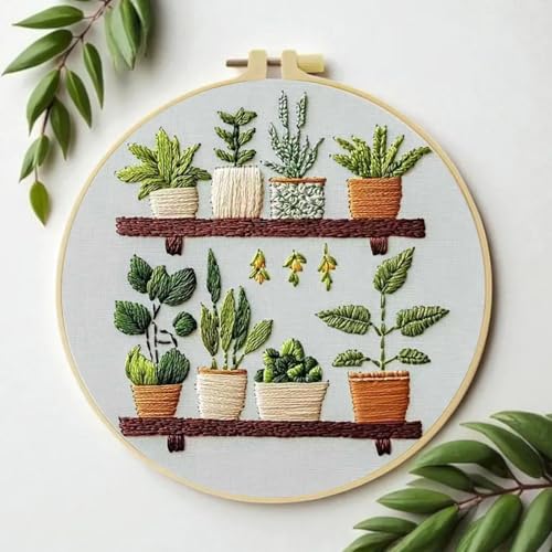 JINJUMEI Embroidery Kit for Beginners, Full Range Embroidery Kit for Adult, Green Plant Pattern Embroidery Kit for Beginners Include Embroidery Cloth Hoops Threads for Embroidery Beginners