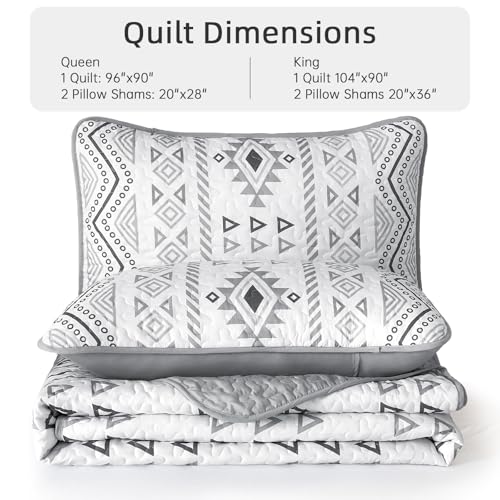Drucon Boho King Size Aztec Quilt Set 3 Pieces Grey Ultra Soft Lightweight Quilt Beddding Set, Microfiber Bohemian Bedspread Coverlet Set with 2 Pillowcases for All Season (King, 104"x90") Drucon