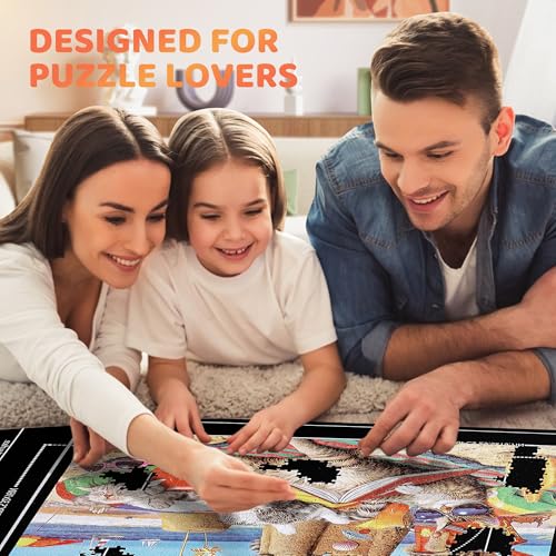 Lwoeo Jigsaw Puzzle Mat Roll Up, No Creases 49.2” x 35” Rubber Saver Pad Up to 3000 Pieces, Black Large Puzzel Matte Rollup with 6 Sorting Trays & 1 Storage Bag. Ideal for Holiday and Birthday Lwoeo