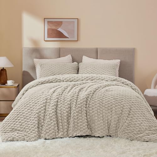 BEDELITE Fluffy King Size Comforter Set - Linen Fleece Soft Comforter for King Size Bed, Luxury Warm Bedding Set for Winter, Fuzzy Bed Set 3 Pieces (1 Comforter, 2 Pillowcases) BEDELITE