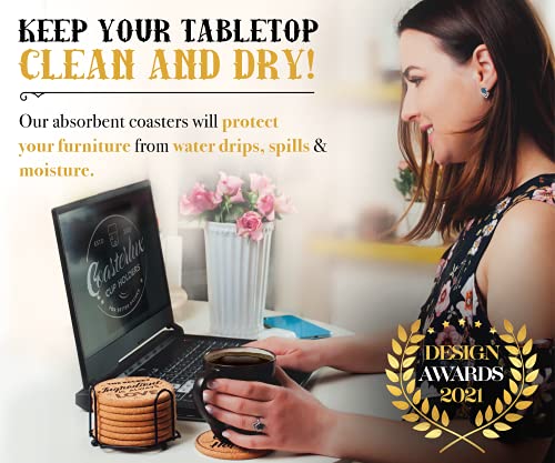 Coasterlux Cork Coasters for Drinks Absorbent with Holder - Cute & Funny Set of 8 Large Round Outdoor Cup Wooden Table Protection, Coffee Trivet, Cups and Mugs Cool Drink Coaster Gift Coasterlux