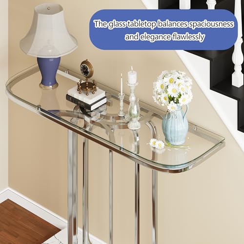 O&K FURNITURE 43" Modern Glass Console Table with Curved Chrome Frame & Faux Marble Base, Silver Narrow Sofa Table for Entryway, Living Room, Hallway, Home Office O&K FURNITURE