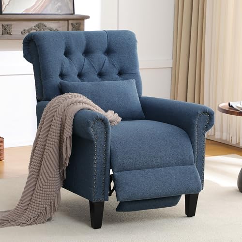 choairy Pushback Recliner Chair, Accent Push Back Chair with Adjustable Footrest, Upholstered Linen Fabric Reclining Sofa with Side Pocket, Comfy Modern Armchair for Living Room, Navy Blue