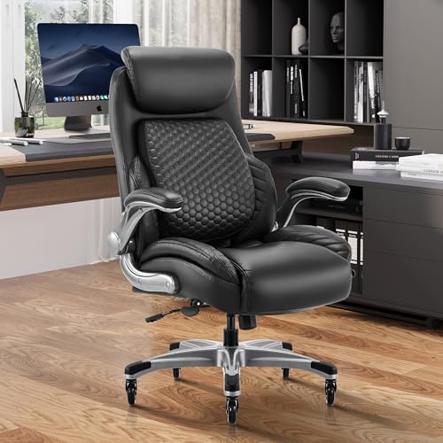 COLAMY Office Ergonomic Desk High Back Executive Chair with Pop-Out Lumbar Support, Upgraded Casters, Adjustable Headrest, Flip-Up Arms, Leather Home with Thick Cushion for Comfort - Black COLAMY