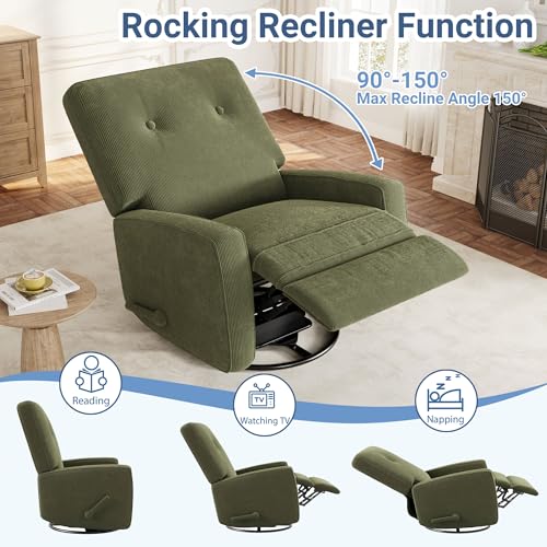 Garvee Nursery Recliner Chair, 360° Swivel Rocking Glider Chair for Adults with Adjustable Backrest & Footrest, Cozy Corduroy Upholstered Armchair for Living Rooms, Bedrooms, Apartments, Green