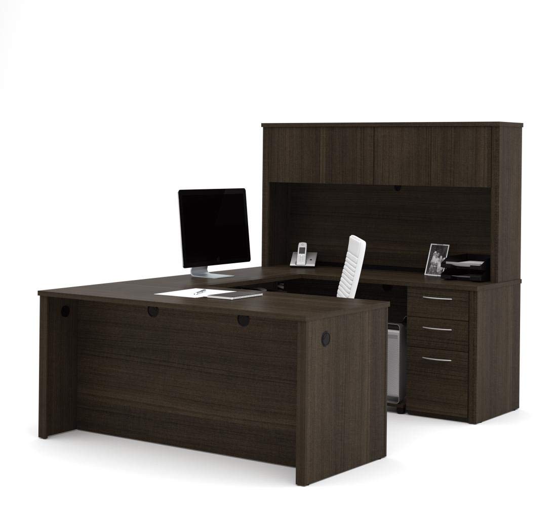 Bestar Embassy 66W U-Shaped Executive Desk with Pedestal and Hutch in Dark Chocolate Bestar