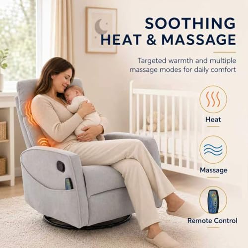 HRVEOCEI Small Recliners for Small Spaces, Manual White Recliner Rocking Chair for Nursery, Velvet Swivel Glider Recliner with Heat and Massage, Side Pockets, Living Room Bedroom (Light Grey)