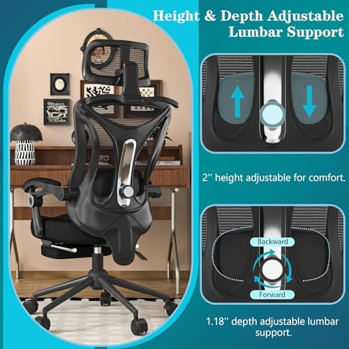 Ergonomic Office Chair with Footrest - Adjustable Lumbar Support & Headrest, 90-160° Reclining Mesh Back Computer Chair - Home Office/Gaming, 350lbs Capacity (SGS Certified) CYKOV