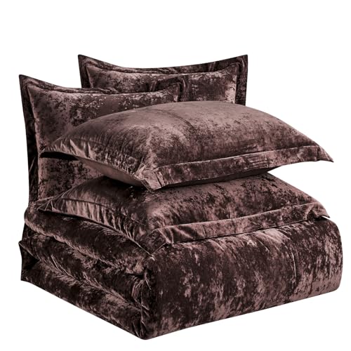 Fredsure Distressed Velvet Comforter Set, 5 Pieces Brown King, Distressed Velvet Face and Brushed Microfiber Reverse Fredsure
