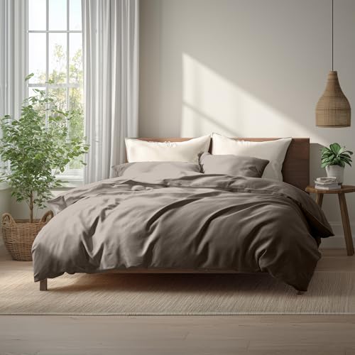 Seragio Duvet Cover Set – Lightweight & Breathable 100% Cotton Single-Layer Fabric, Tie Closure Duvet Cover + 2 Pillowcases, Machine Washable, 6 Colors,No Duvet Insert Included (Brown, Queen) Seragio