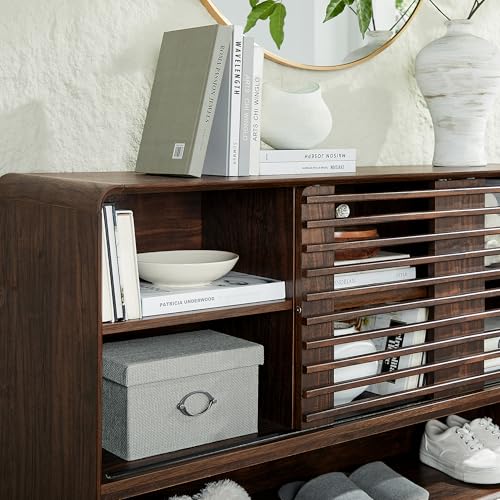 T4TREAM 46" Entryway Table, Mid Century Modern Console Table with Slatted Sliding Door, Adjustable Storage Shelf, Wood Sofa Table Behind Couch for Hallway, Living Room, Foyer, Dark Walnut T4TREAM