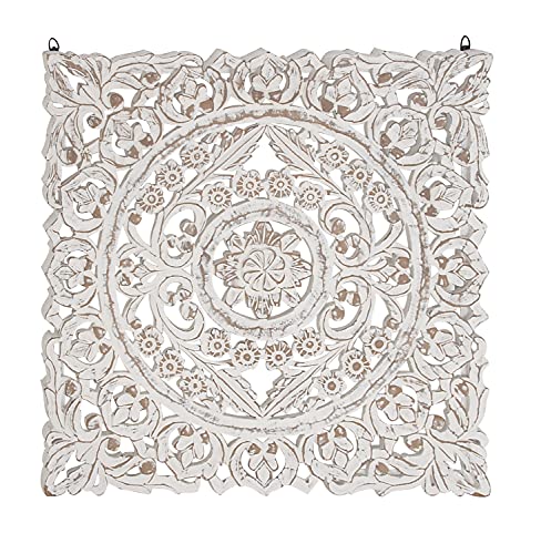 Deco 79 Wooden Floral Handmade Home Wall Decor Intricately Carved Wall Sculpture with Mandala Design, Wall Art 36" x 2" x 36", White Deco 79