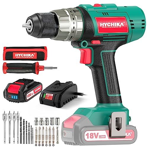 Cordless Hammer Drill Driver 18V, HYCHIKA 400 In-lbs Torque Power Drill with Auxiliary Handle, 1/2” Metal Chuck, 2.0Ah Battery, 1H Fast Charger, 21+3 Clutch, LED Light for Drilling Wood Metal Wall HYCHIKA BETTER TOOLS FOR BETTER LIFE