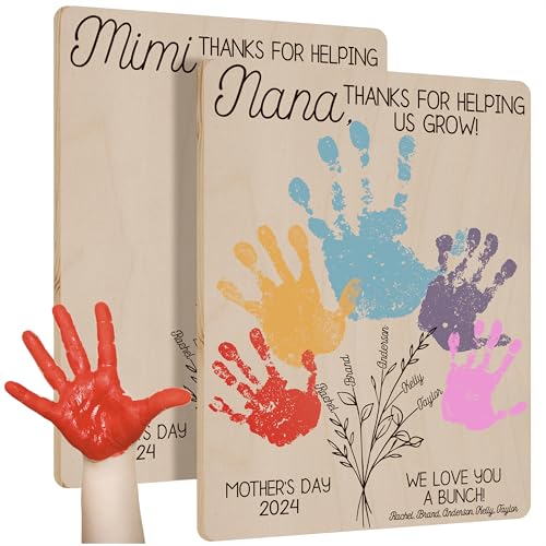 Personalized DIY Flower Handprint Wooden Sign Gifts for Nana & Mom, Customized Mother's Day Wood Wall Art Gift for Grandma & Mama Generic